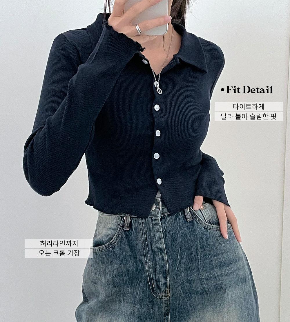 韓製羅紋翻領短款開衫<KR> - IKIMSTORE