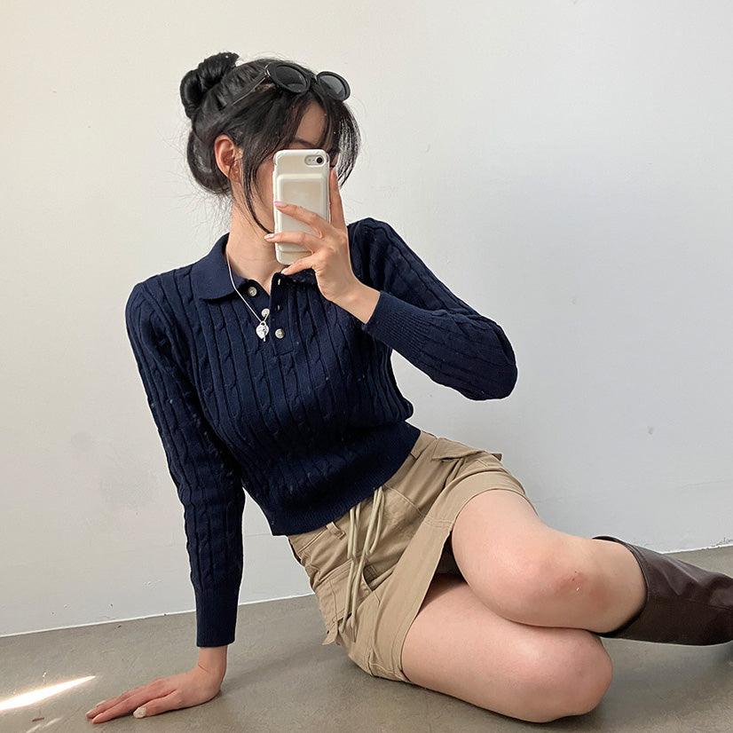 【現貨Navy】韓製麻花翻領開鈕針織上衣<KR>(6color) - IKIMSTORE