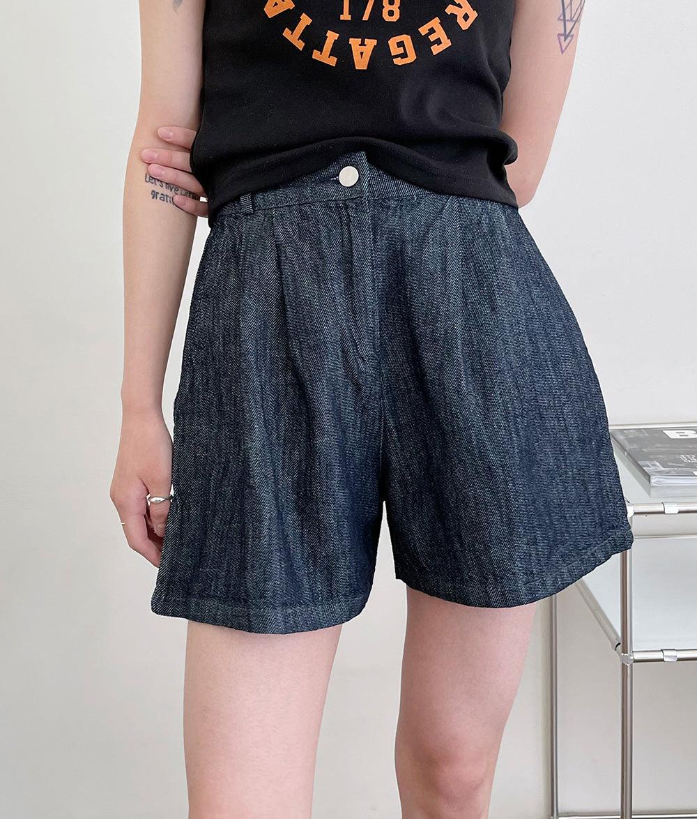 🧊【涼感/後橡筋腰!】兩針褶原色牛仔短褲<KR>(S~2XL) - IKIMSTORE