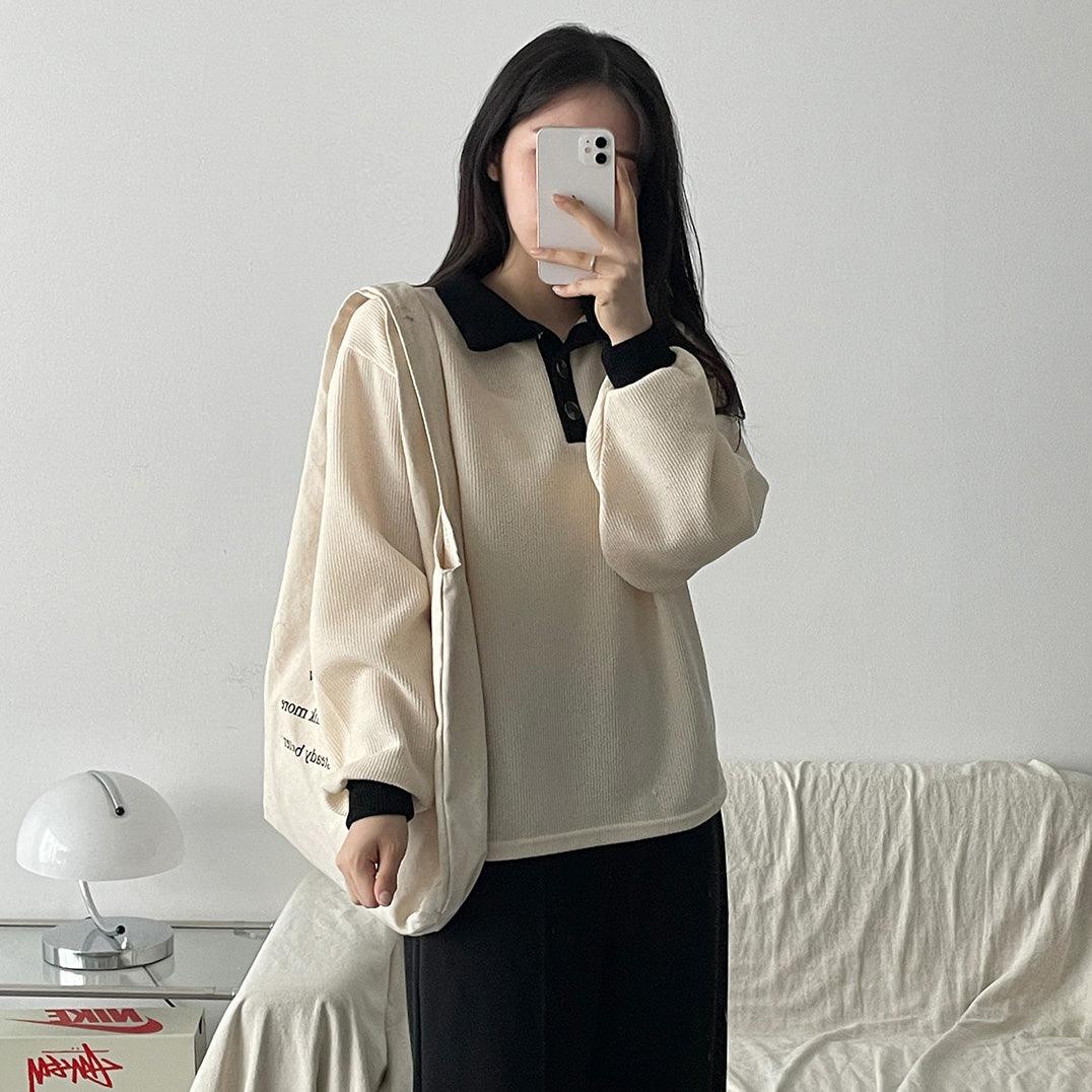 韓製羅紋開鈕撞色T恤<KR> - IKIMSTORE