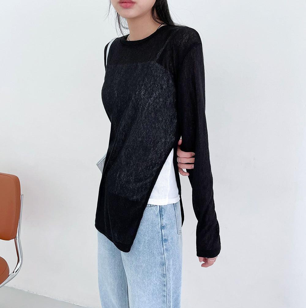 【現貨khaki】圓領開衩透膚長袖T恤<KR> - IKIMSTORE