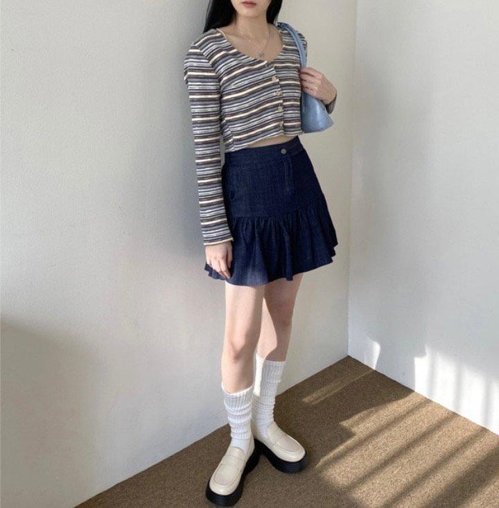 🌊水波條紋短款開衫上衣<KR> - IKIMSTORE