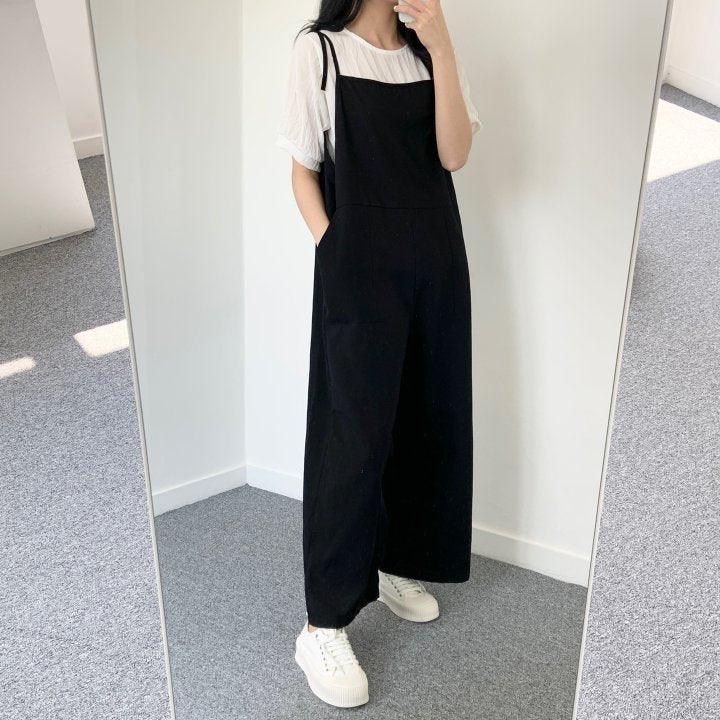 【現貨】鬆鬆感🤎肩帶綁帶休閒連身褲 - IKIMSTORE