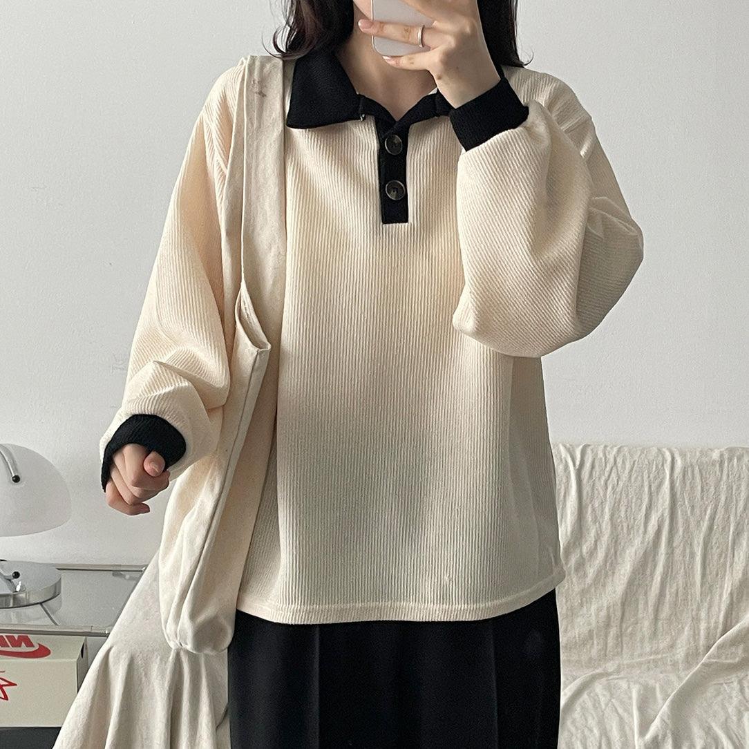韓製羅紋開鈕撞色T恤<KR> - IKIMSTORE
