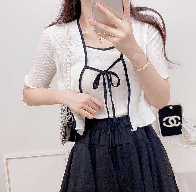 【完美搭配SET!】涼感綁帶撞色短袖開衫+背心套裝<KR> - IKIMSTORE