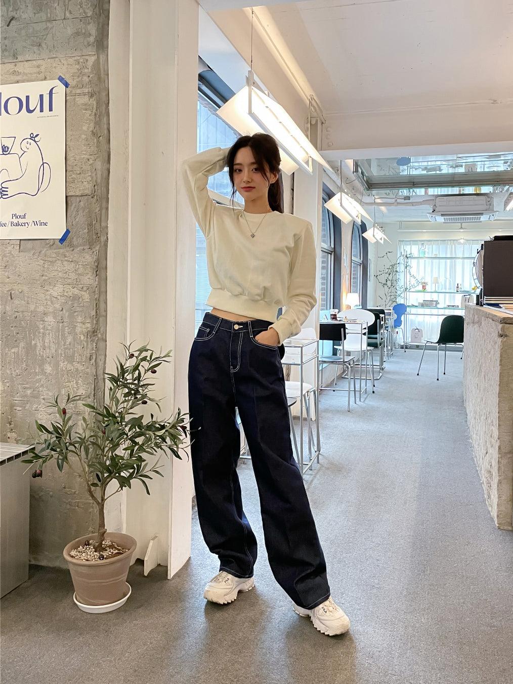 【現貨黑M】明線闊腳牛仔褲 <KR> (S-L) - IKIMSTORE