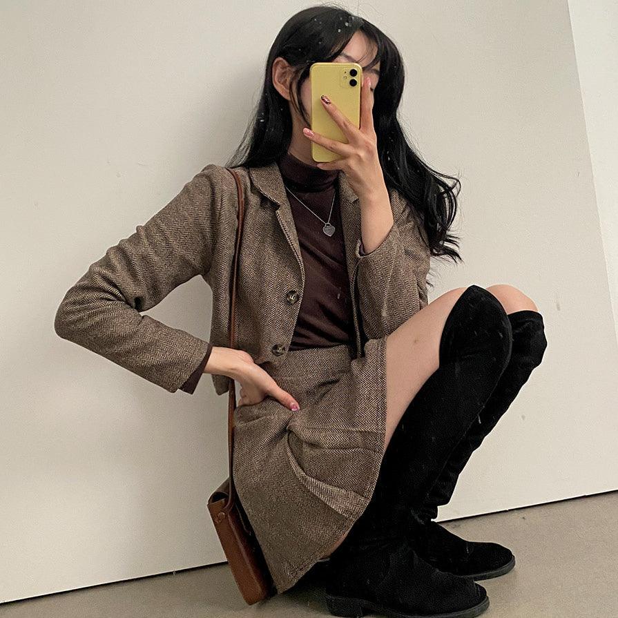 韓製斜紋軟呢短西裝外套+裙子套裝 - IKIMSTORE