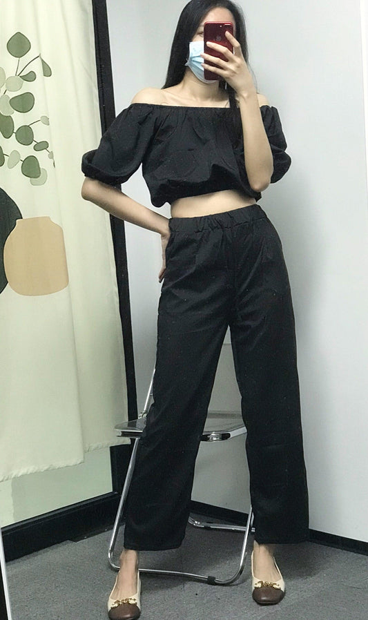【現貨】一字露肩衫+長褲兩件套SET - IKIMSTORE
