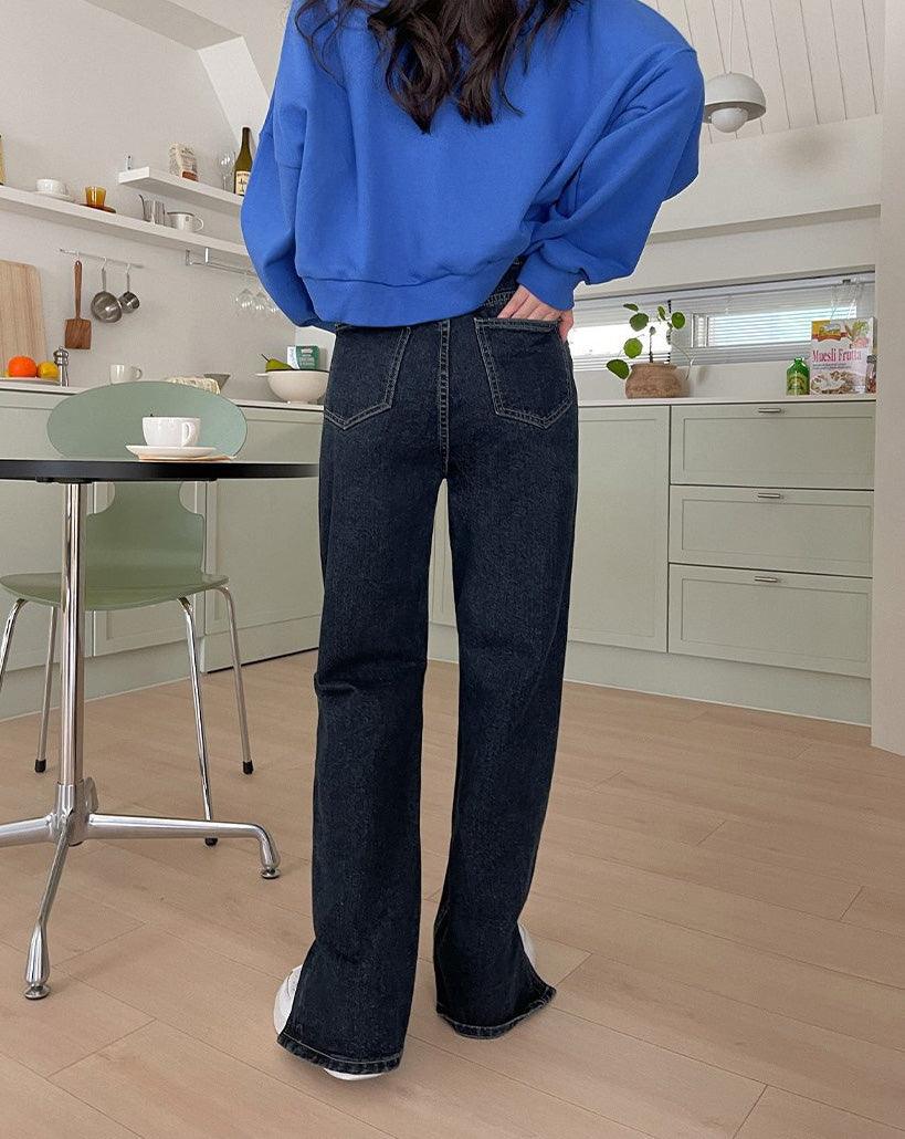 【超顯腿長!】靛藍開衩牛仔直筒褲<KR>(S-2XL) - IKIMSTORE