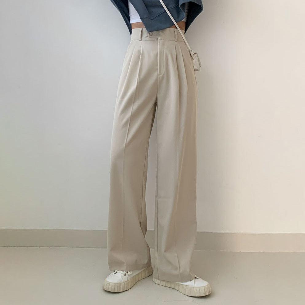 【獨特側鈕!】高腰兩針褶西裝闊褲(S-XL) - IKIMSTORE