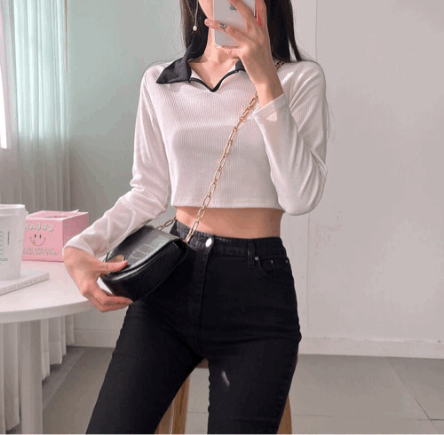 【現貨】翻領拼色短款針織衫 <KR> - IKIMSTORE