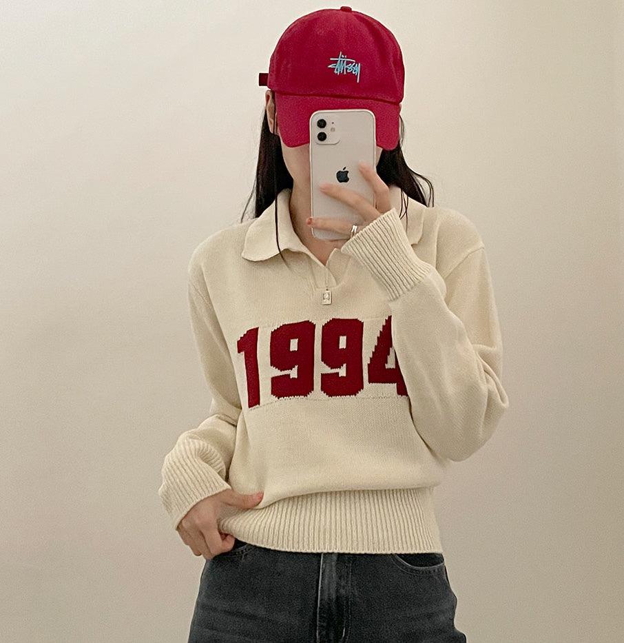 【現貨ivory, navy】韓製1994翻領針織上衣<KR> - IKIMSTORE