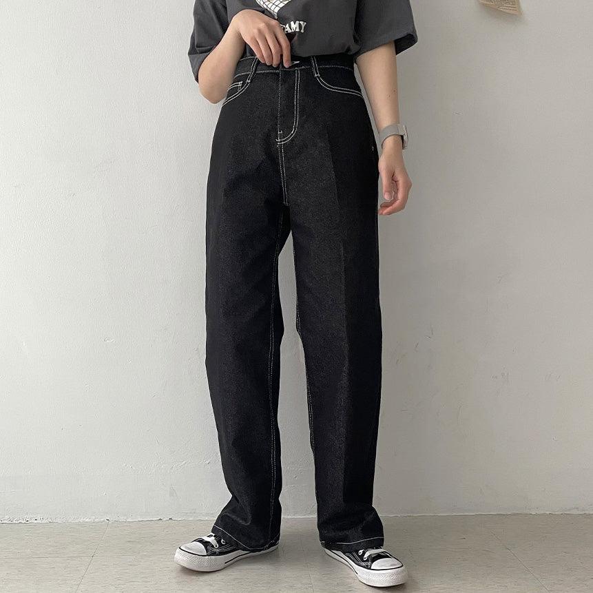 【現貨黑M】明線闊腳牛仔褲 <KR> (S-L) - IKIMSTORE