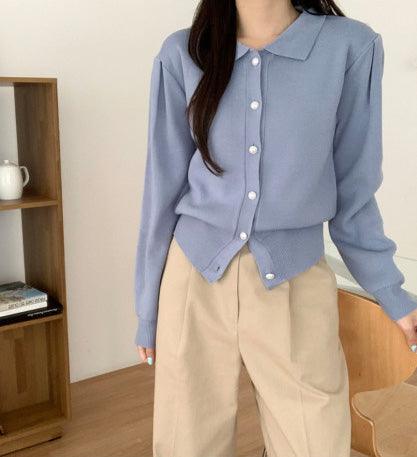【現貨】法式翻領珍珠扣針織開衫<KR> - IKIMSTORE