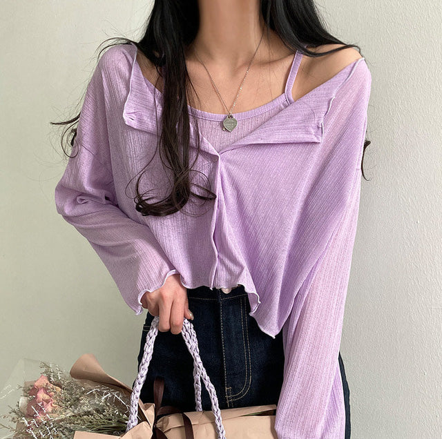 涼感薄款♡ 木耳花邊背心外套SET