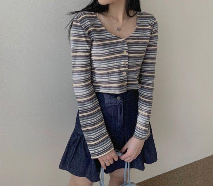 🌊水波條紋短款開衫上衣<KR> - IKIMSTORE