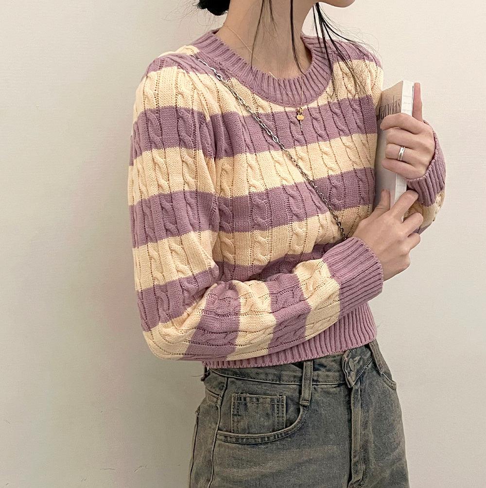 韓製撞色條紋麻花針織衫(5color)<KR> - IKIMSTORE