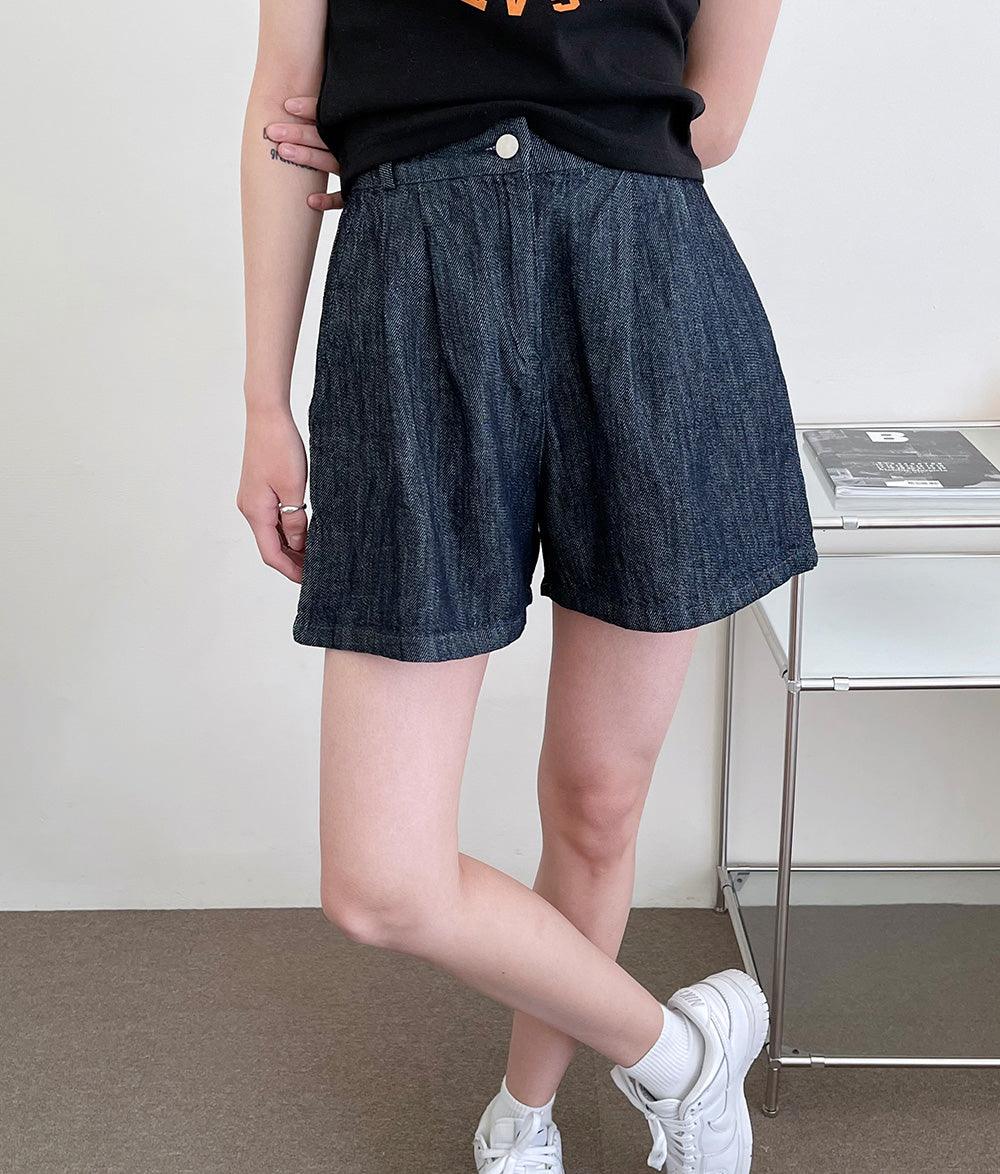 🧊【涼感/後橡筋腰!】兩針褶原色牛仔短褲<KR>(S~2XL) - IKIMSTORE