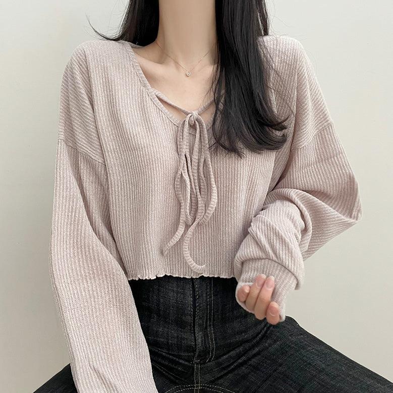 溫柔坑紋綁帶短款上衣<KR> - IKIMSTORE