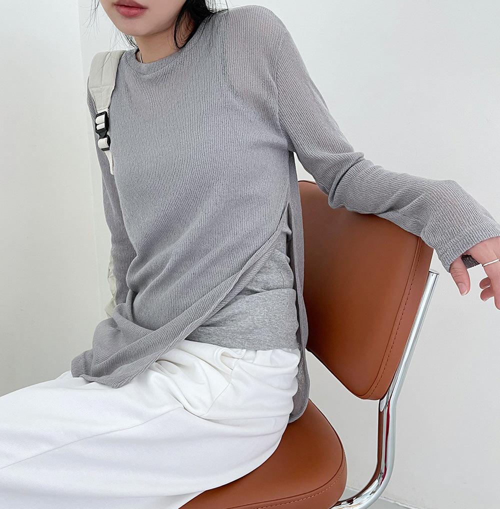 【現貨khaki】圓領開衩透膚長袖T恤<KR> - IKIMSTORE