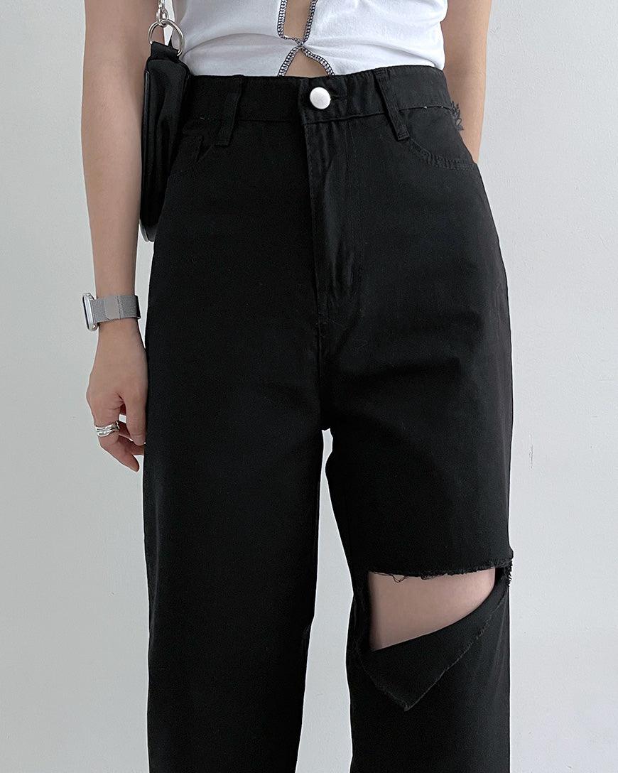 【現貨黑(M)】膝蓋割破牛仔闊褲<KR>(S-L) - IKIMSTORE