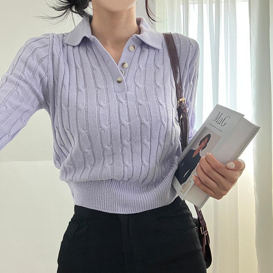 【現貨Navy】韓製麻花翻領開鈕針織上衣<KR>(6color) - IKIMSTORE