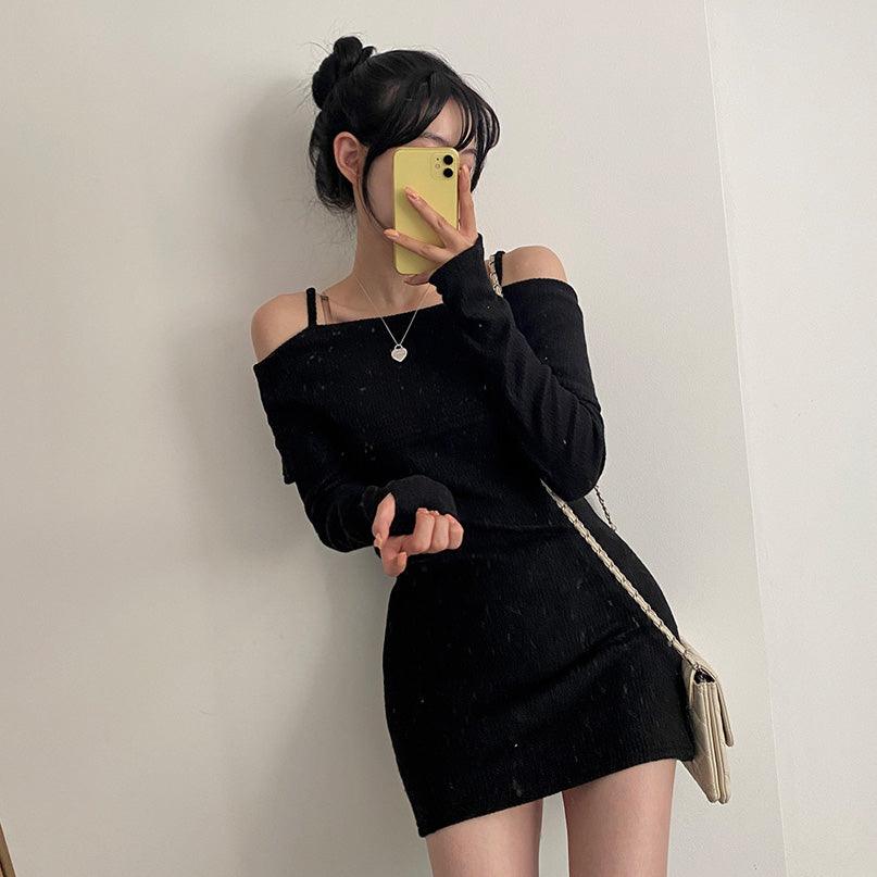 吊帶露肩迷你連衣裙<KR> - IKIMSTORE