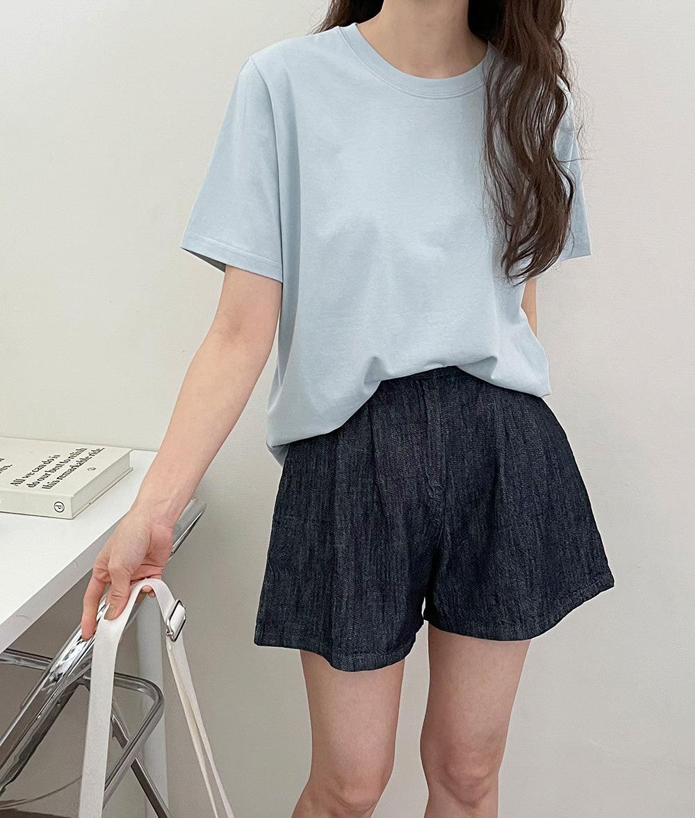 🧊【涼感/後橡筋腰!】兩針褶原色牛仔短褲<KR>(S~2XL) - IKIMSTORE