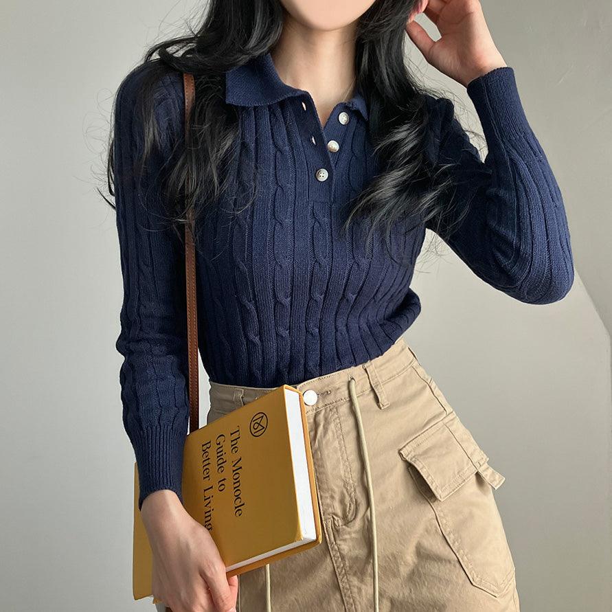 【現貨Navy】韓製麻花翻領開鈕針織上衣<KR>(6color) - IKIMSTORE