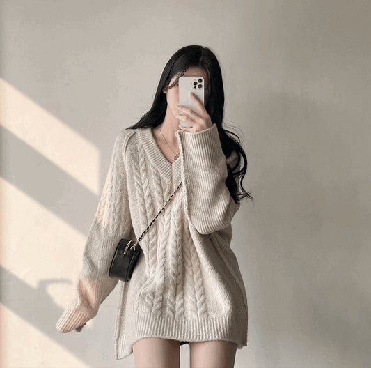 女友感麻花長版針織毛衣 - IKIMSTORE