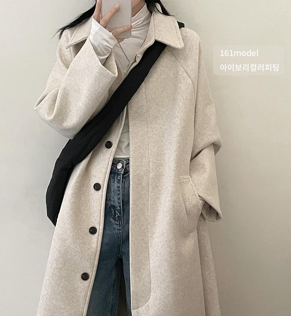 【現貨beige柔軟/附腰帶】🇰🇷韓製翻領寬鬆毛呢長大衣(3color) - IKIMSTORE