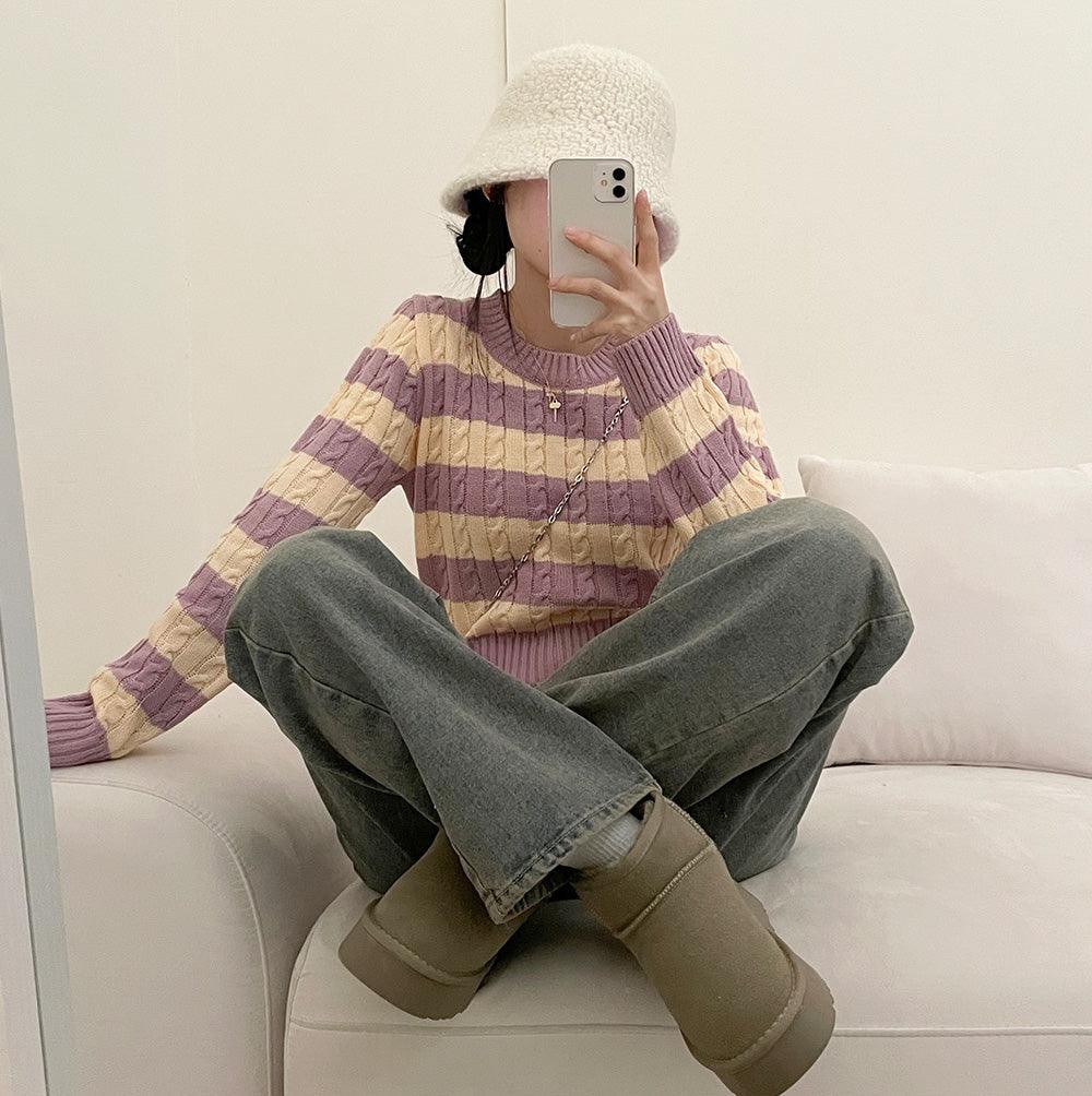 韓製撞色條紋麻花針織衫(5color)<KR> - IKIMSTORE