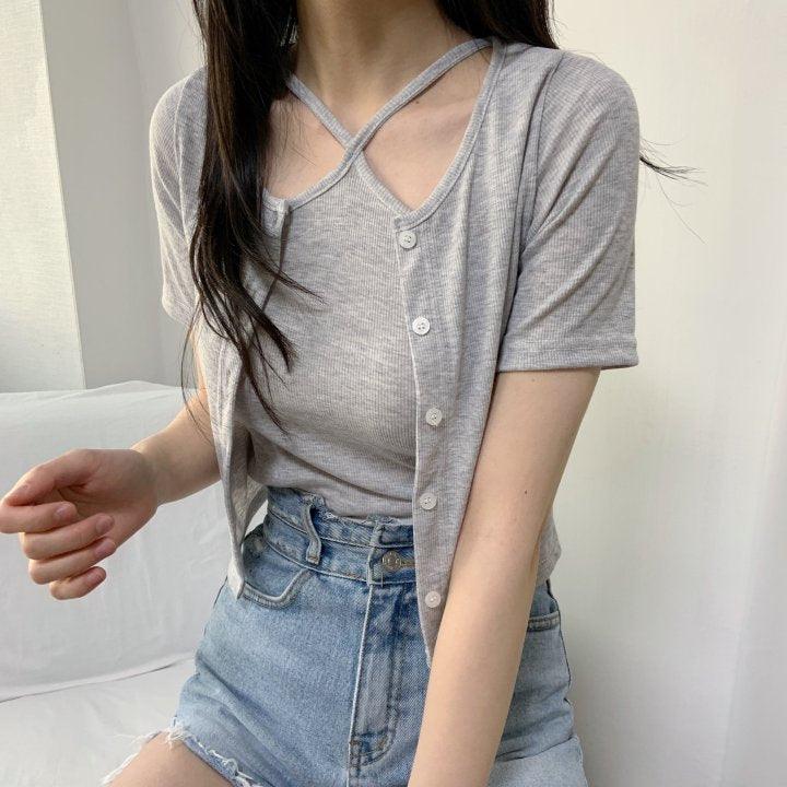 【現貨黑】🧡直紋交叉吊帶+小外套(套裝) - IKIMSTORE