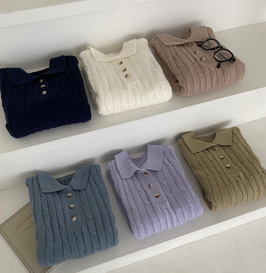 【現貨Navy】韓製麻花翻領開鈕針織上衣<KR>(6color) - IKIMSTORE