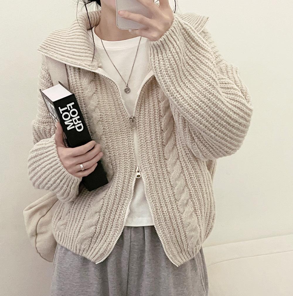 【現貨cream】韓製麻花雙向針織拉鍊開衫(5color)<KR> - IKIMSTORE