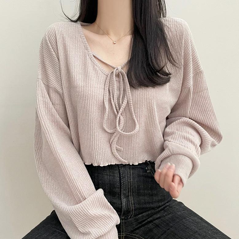 溫柔坑紋綁帶短款上衣<KR> - IKIMSTORE