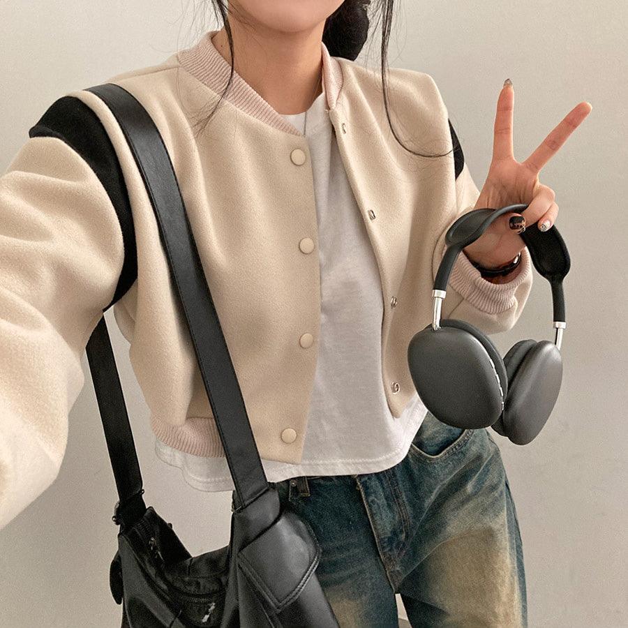 撞色毛呢短款飛行員夾克<KR> - IKIMSTORE
