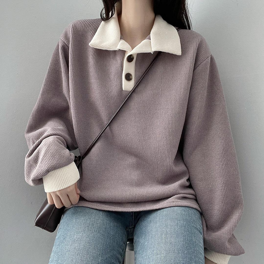韓製羅紋開鈕撞色T恤<KR> - IKIMSTORE