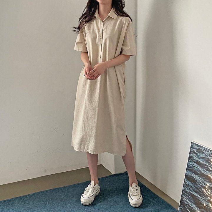 【限定優惠/現貨紫】韓製開鈕恤衫長裙<KR> - IKIMSTORE