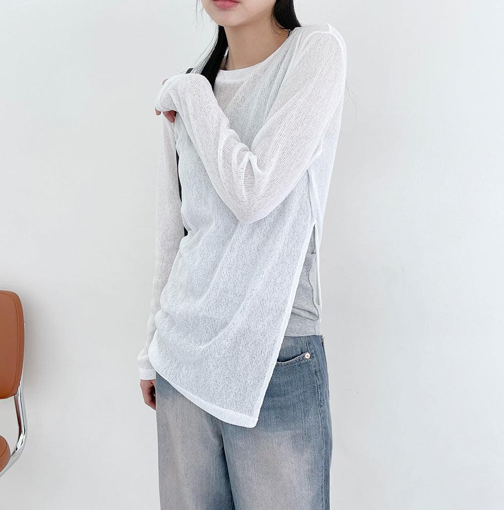 【現貨khaki】圓領開衩透膚長袖T恤<KR> - IKIMSTORE