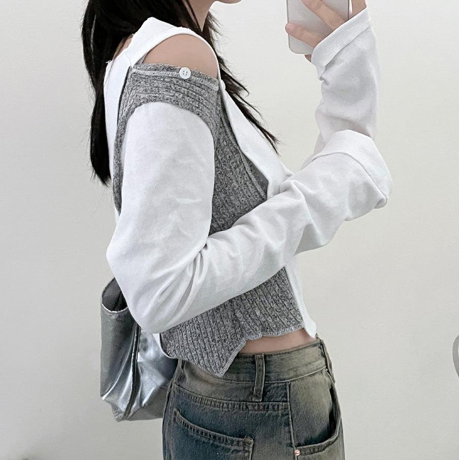 【Unique】斜開鈕拼接撞色長袖T恤<KR> - IKIMSTORE