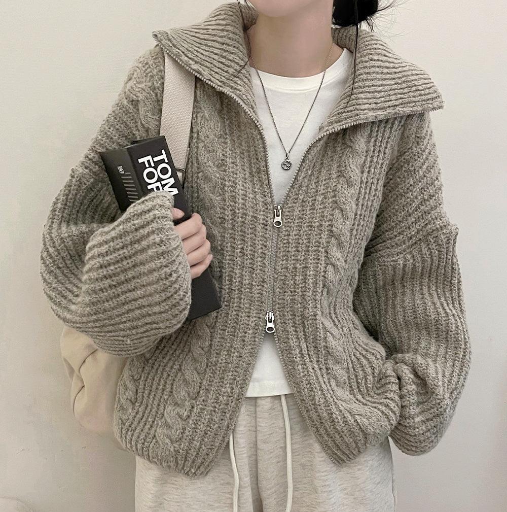 【現貨cream】韓製麻花雙向針織拉鍊開衫(5color)<KR> - IKIMSTORE