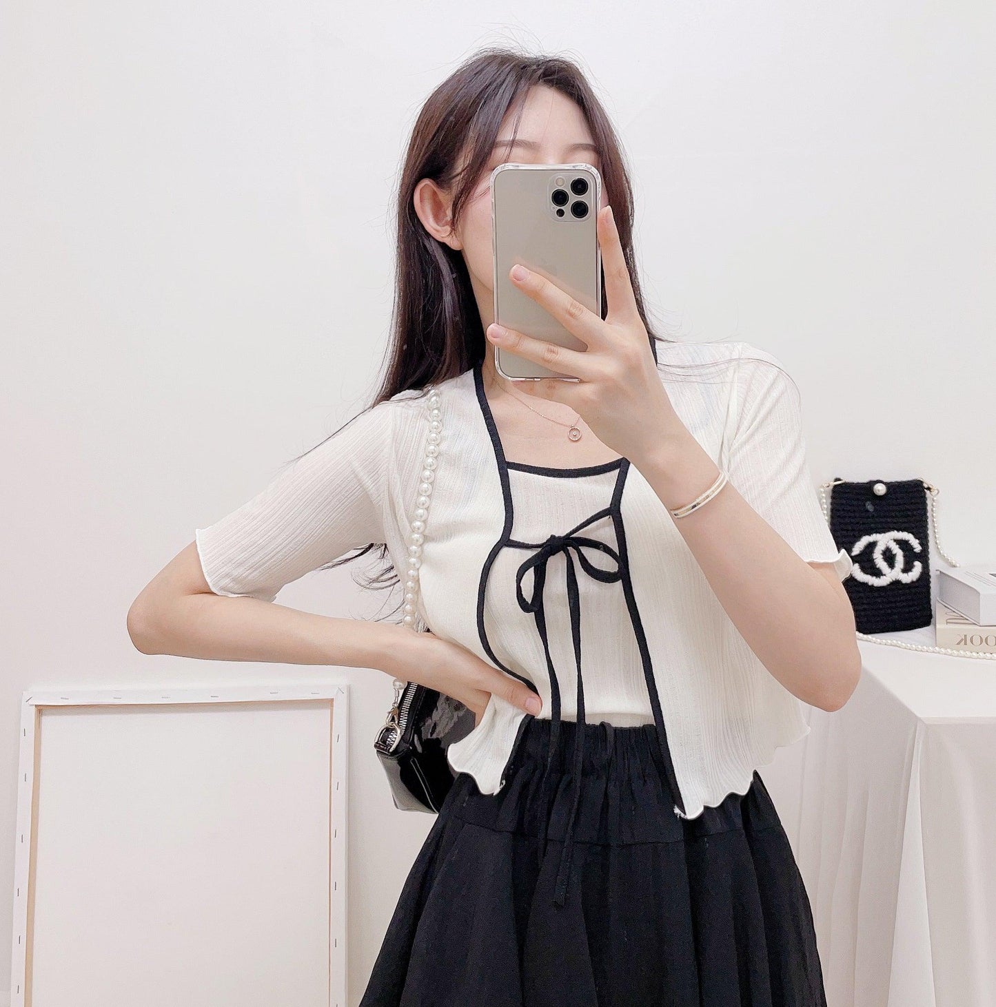 【完美搭配SET!】涼感綁帶撞色短袖開衫+背心套裝<KR> - IKIMSTORE