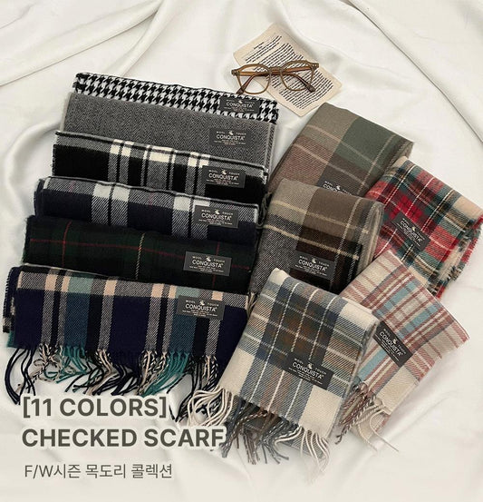 🥀【韓國製】WOOL TOUCH格紋針織流蘇頸巾(11color) - IKIMSTORE