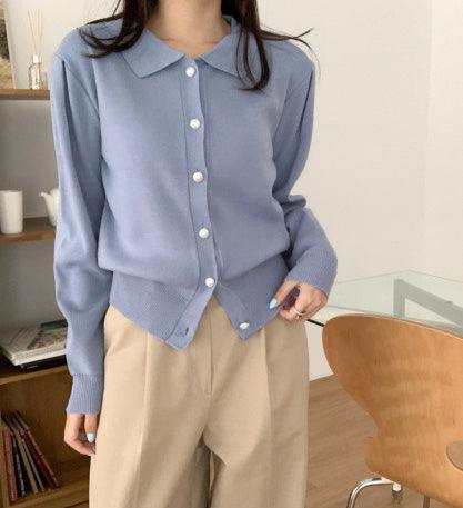 【現貨】法式翻領珍珠扣針織開衫<KR> - IKIMSTORE