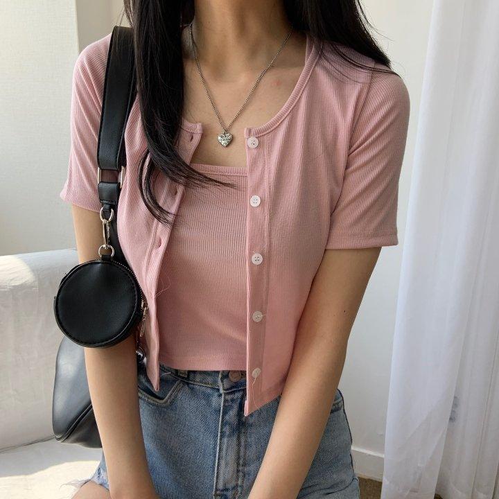 【現貨黑】🧡直紋交叉吊帶+小外套(套裝) - IKIMSTORE