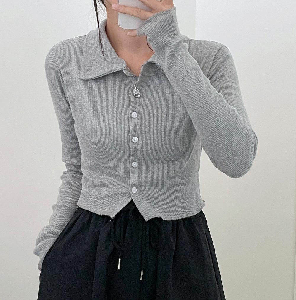韓製羅紋翻領短款開衫<KR> - IKIMSTORE