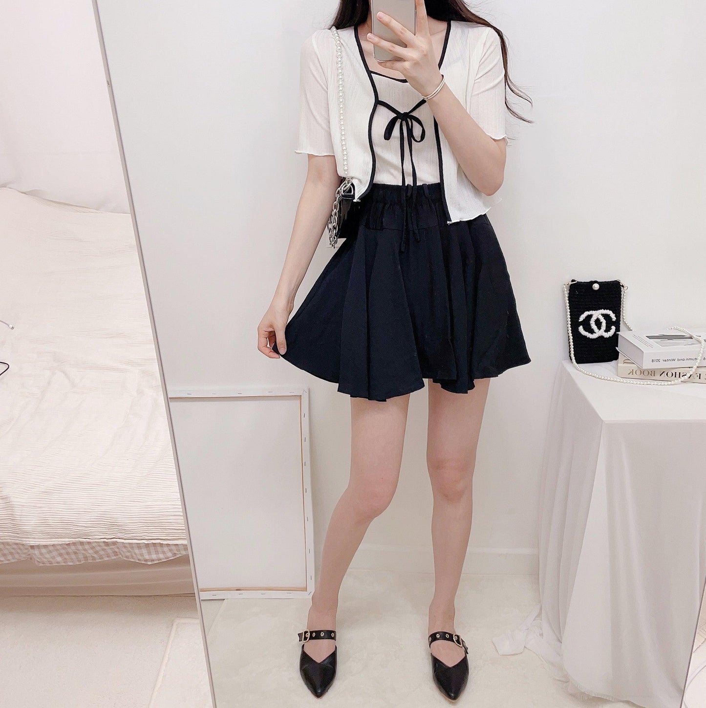 【完美搭配SET!】涼感綁帶撞色短袖開衫+背心套裝<KR> - IKIMSTORE
