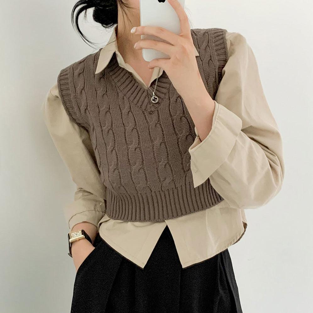韓製V領麻花短款針織背心<KR> - IKIMSTORE