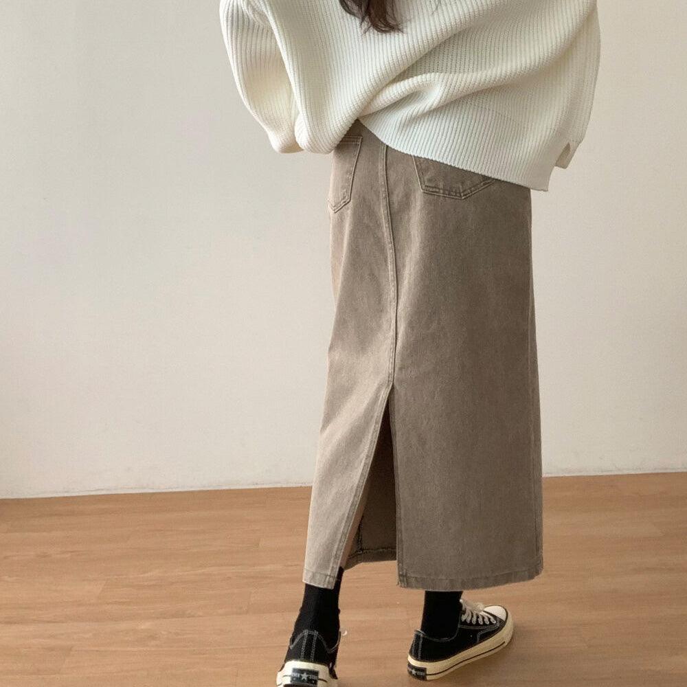 水洗開叉牛仔長裙<KR> - IKIMSTORE